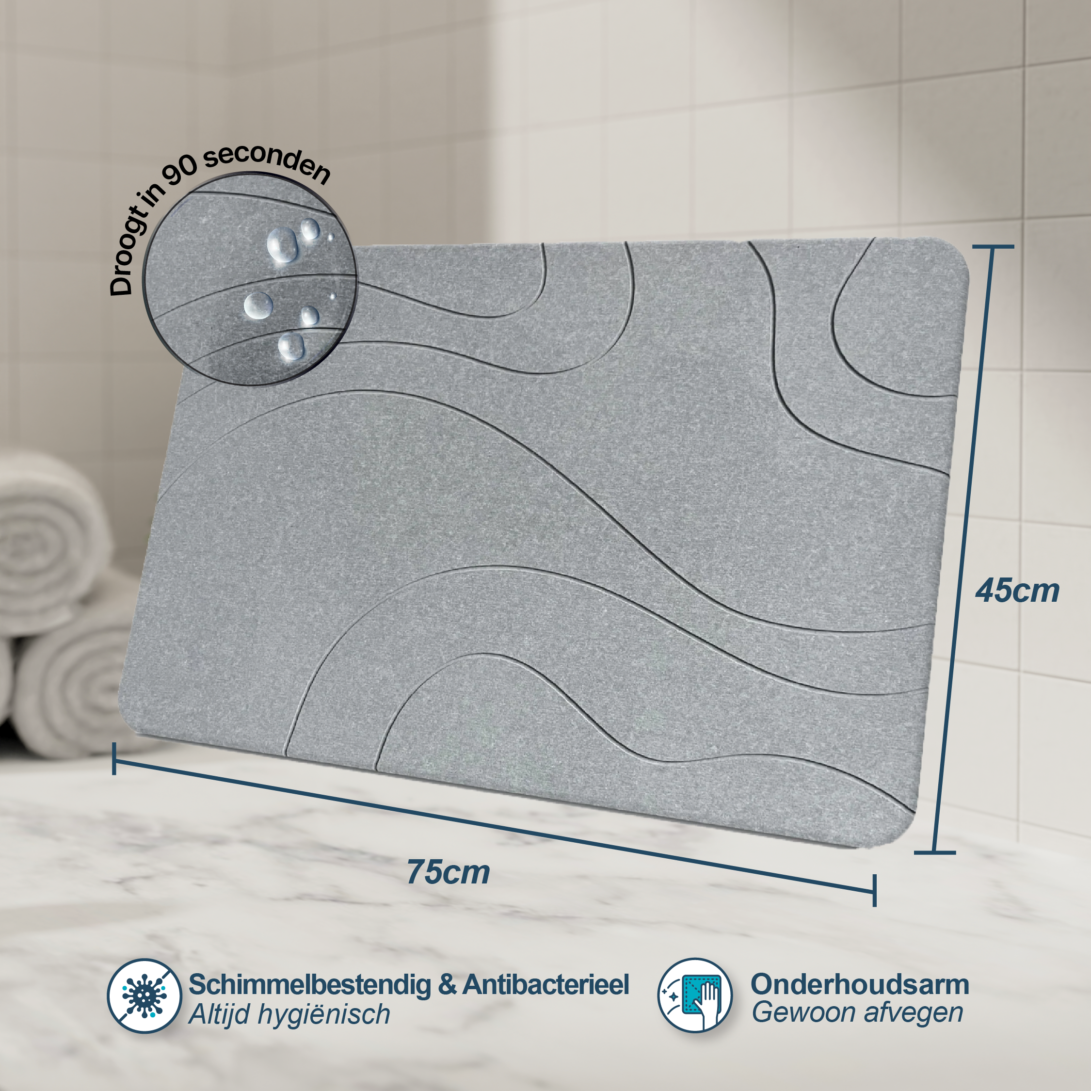 XL Diatomity Stone Bath Mat – Naturlig, snabbtorkande – Hygienisk – Mögelskydd och stilfull 75x45 cm