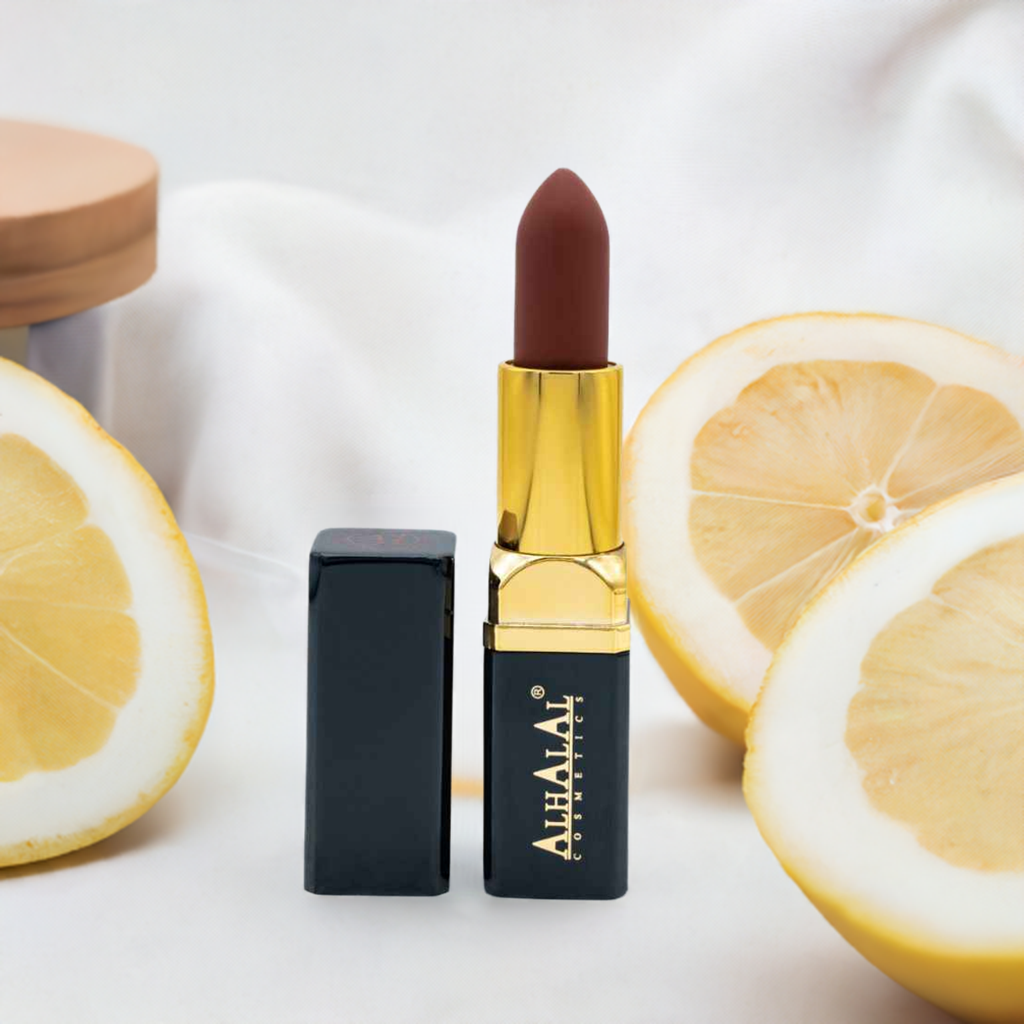 Alhalal Cosmetics sammetsläppstift i djup röd nyans med guld och svart ärm bredvid citron