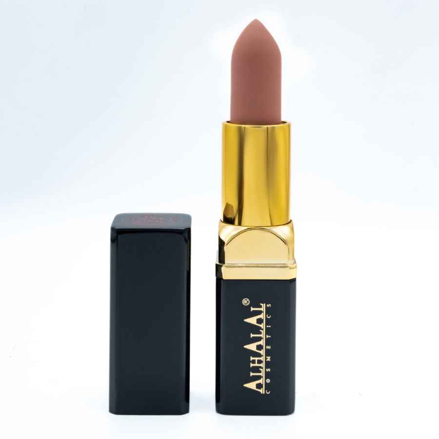 Alhalal Cosmetics sammetsläppstift i en elegant BEIGE LÄPPSTIFTSFÄRG med gyllene detaljer