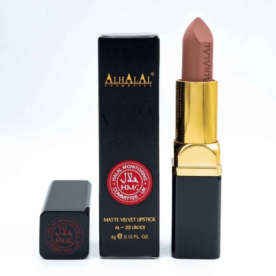 Beige läppstift från Alhalal Cosmetics i silkeslent sammetsfinish med lyxig förpackning