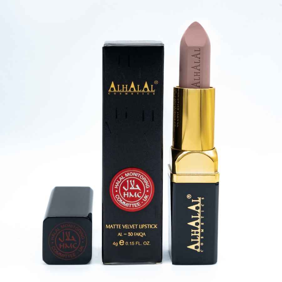 Alhalal Cosmetics matt sammetsbrunt läppstift med guldfärgat ärm och svart förpackning