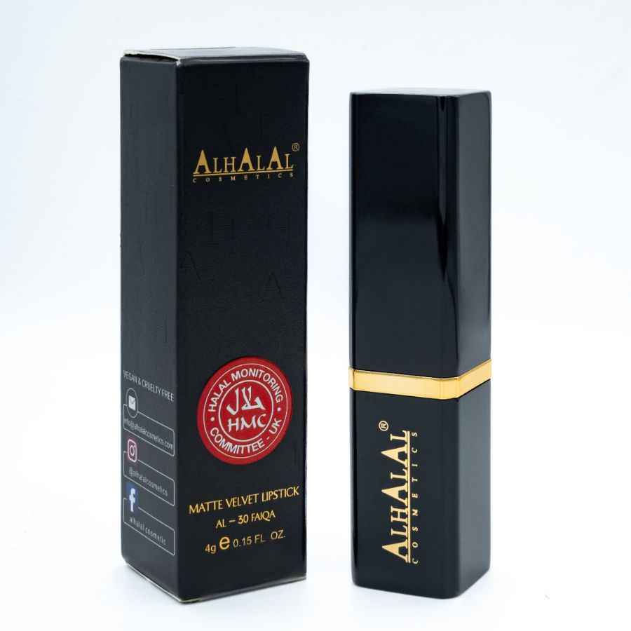 Alhalal cosmetics matt sammet Brown Lipstick i svart förpackning med gyllene detaljer