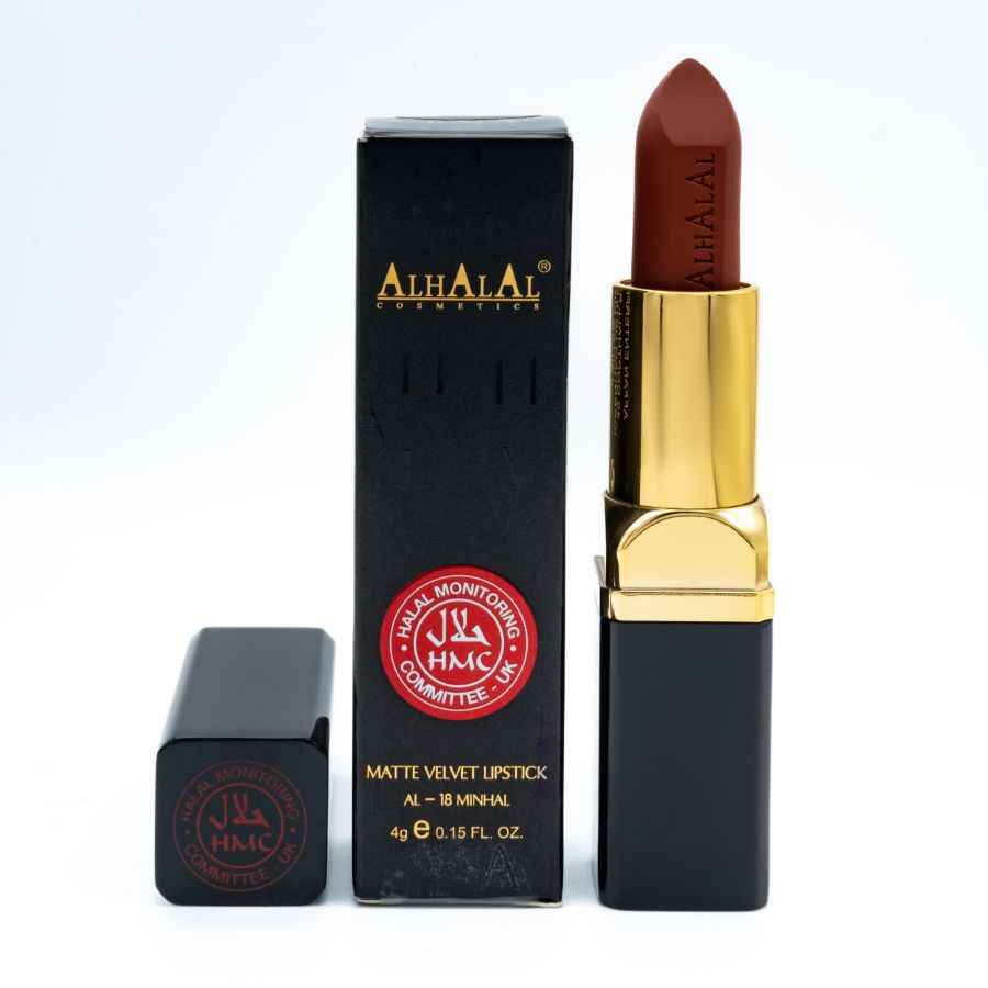 Alhalal cosmetics matt sammetsläppstift i brun nyans med guld och svart förpackning BRUNT ORANGE LÄPPSTIFT