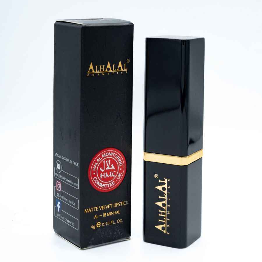 Alhalal Cosmetics matt sammetsläppstift med brunorange ton och tub