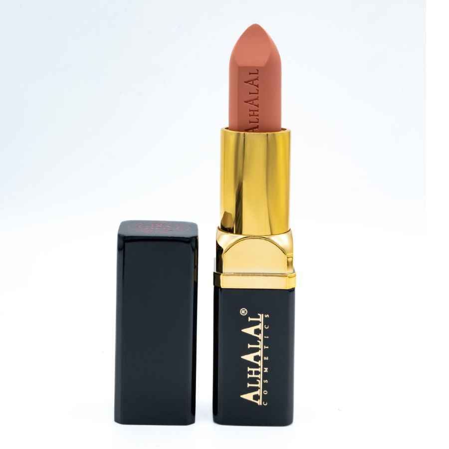 Alhalal Cosmetics sammetsläppstift i en elegant brun färg med gyllene ärm