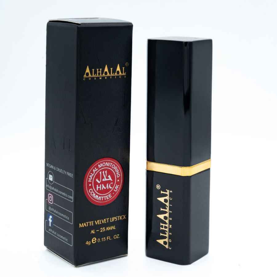 Alhalal Cosmetics brunt sammetsläppstift i svart lyxförpackning med gulddetaljer