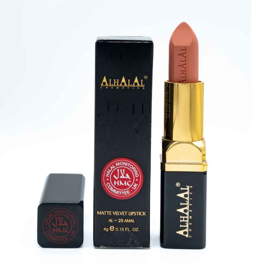 Brunt matt sammetsläppstift från Alhalal cosmetics med guldfodral och svart förpackning