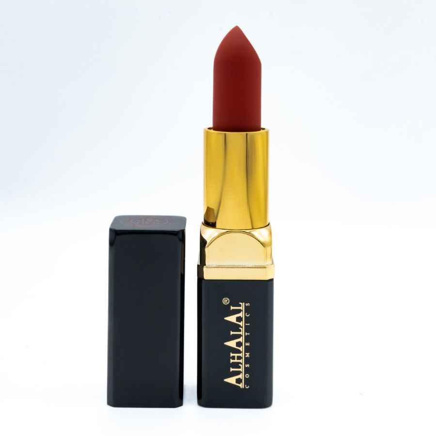 Alhalal Cosmetics sammetsläppstift öppet med mörkt läppstift i ett svart och guldfärgat fodral