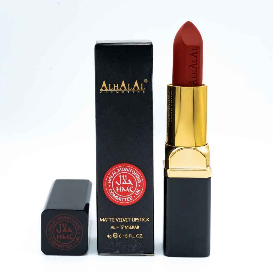 Mörkt läppstift från Alhalal cosmetics i matt sammetsfinish med lyxig svart och guldfärgad förpackning