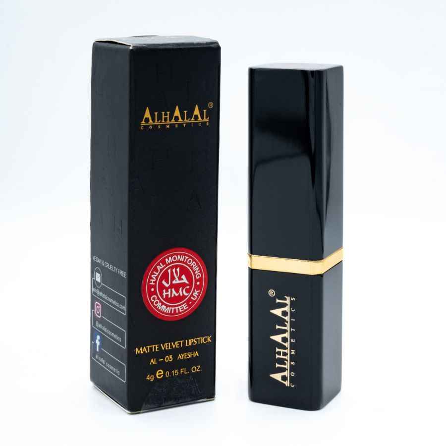 Alhalal Cosmetics matt sammetsläppstiftsförpackning och sleeve i svart med gulddetaljer GRÅTT läppstift