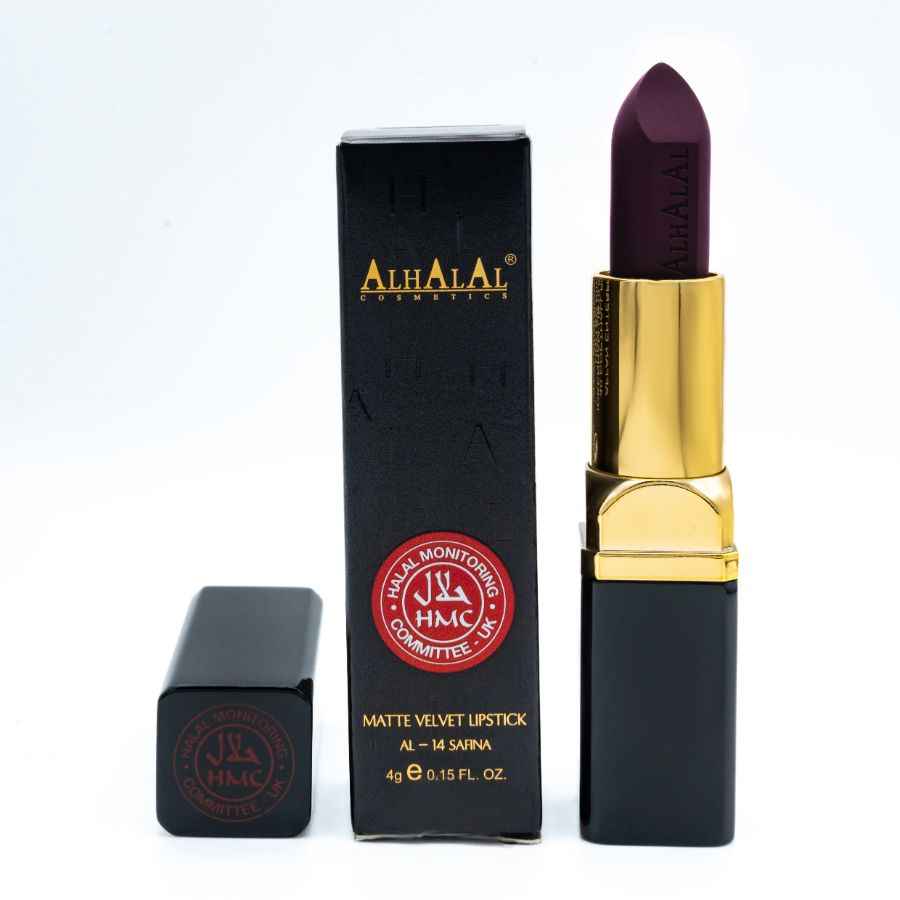 Alhalal cosmetics ECLIPSE LIPPENSTIFT matt velvet läppstift in diepe paarse tint met gouden huls