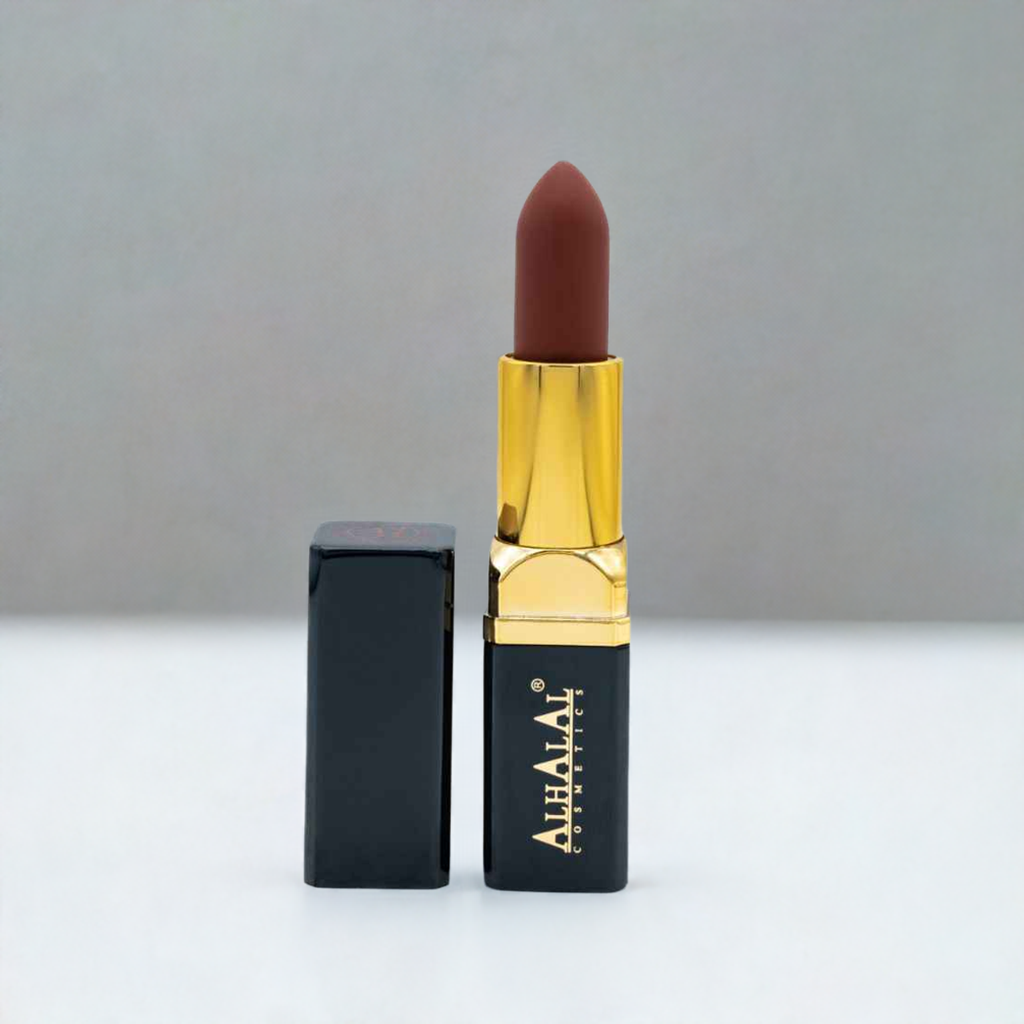 Alhalal Cosmetics sammetsläppsikt i ett elegant svart och guldigt fodral