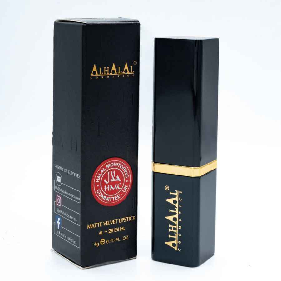 Alhalal cosmetics matt VELVET LIPSTICK i svart fodral med gulddetaljer och förpackning