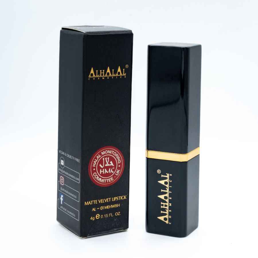 Alhalal cosmetics matt svart sammetsläppstiftsförpackning och sleeve VELVET LIPSTICK