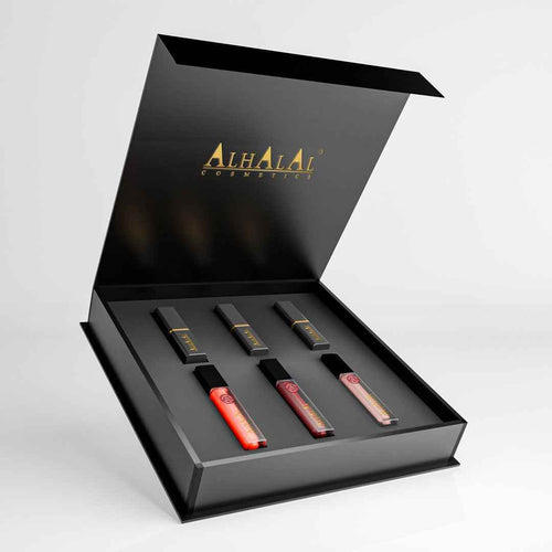 Alhalal Cosmetics läppstiftspresentset med tre olika läppstift i lyxig svart förpackning