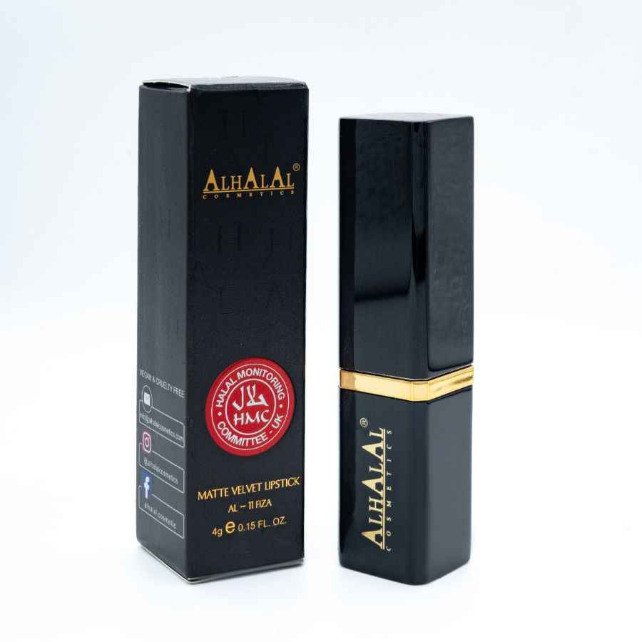 Alhalal Cosmetics matt sammetsläppstift rosa i svart förpackning och ärm med gulddetaljer