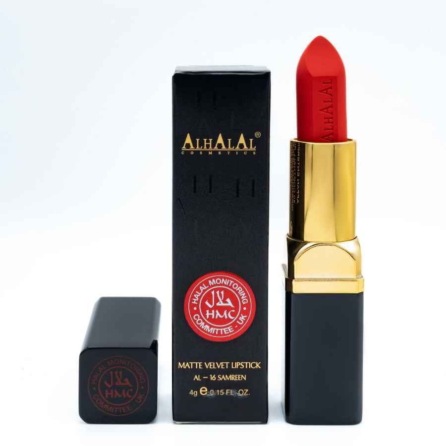Alhalal cosmetics MILANO LÄPPSTIFT matt sammetsläppstift i en rik röd färg med svart och guld förpackning