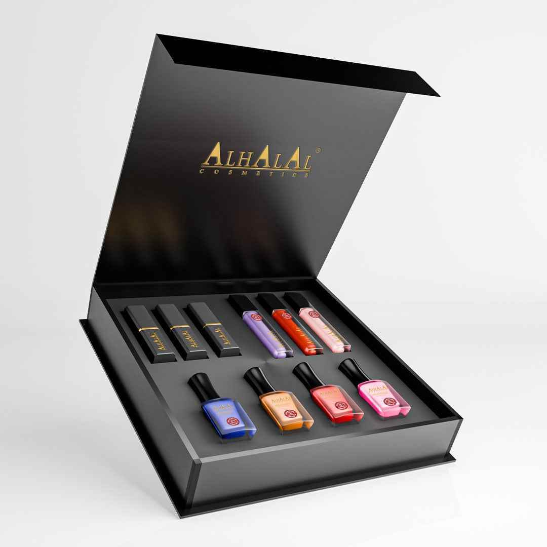 Alhalal Cosmetics lyxiga nagellacksset med fyra olika färger nagellack i elegant svart förpackning