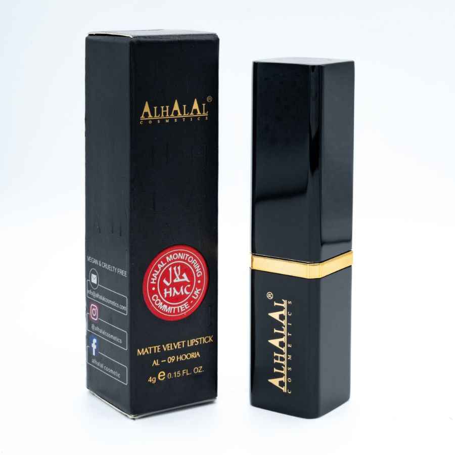 Alhalal Cosmetics matt sammetsläppstiftsförpackning och fodral svartguld, orange läppstift