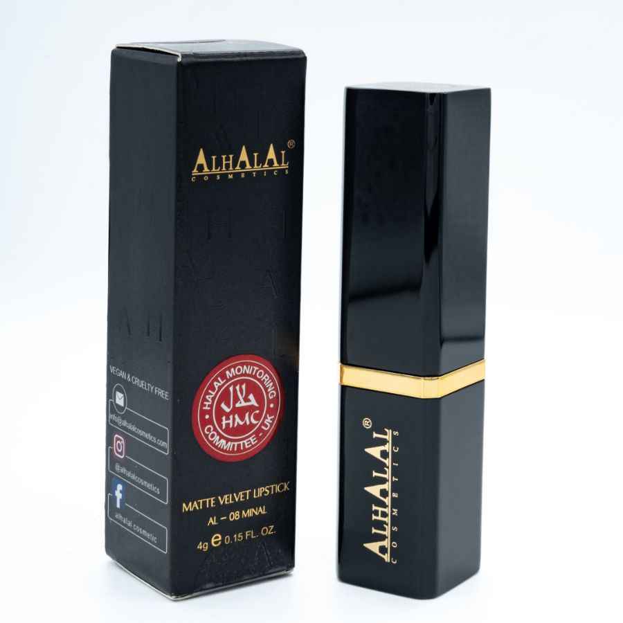 Alhalal Cosmetics svart matt sammetsläppstift med gulddetaljer och OLD LIPSTICK-märkning