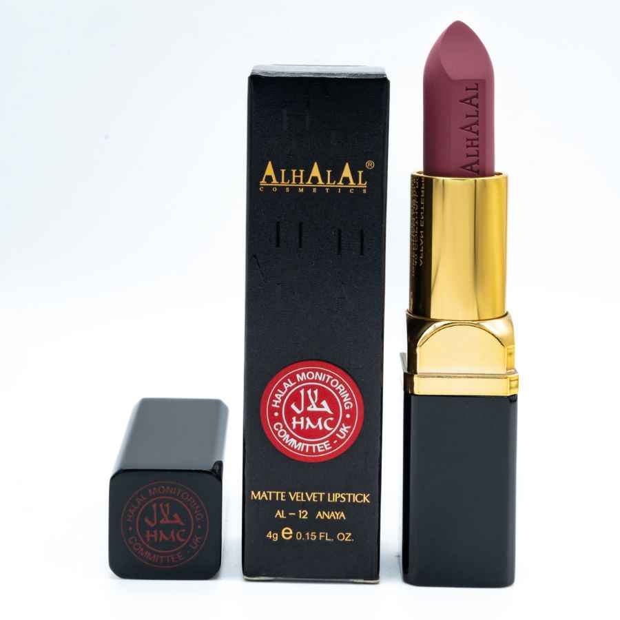 Alhalal Cosmetics lila brunt läppstift sammet, matt läppstift med guldfodral
