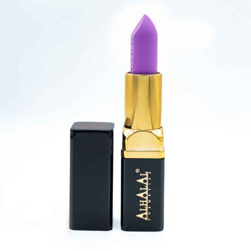 Alhalal cosmetics lila läppstift i sammetstextur med guld- och svarta ärmar