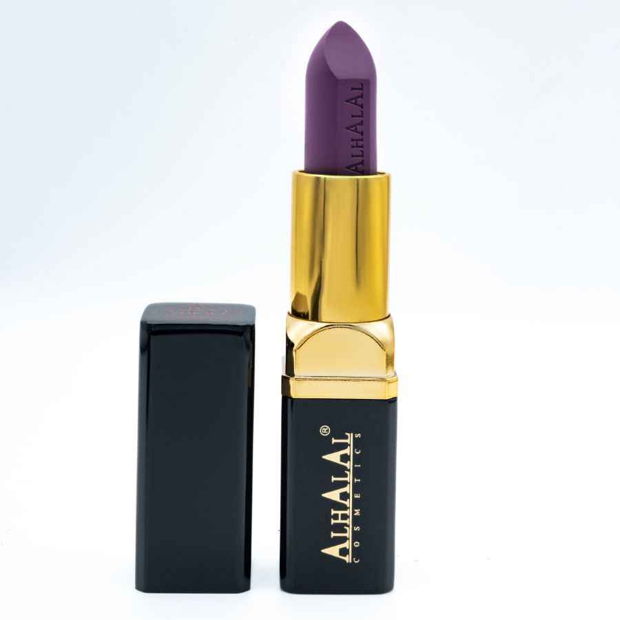 Alhalal Cosmetics sammetsläppstift i djupt lila med lyxigt lila läppstift i guld och svart förpackning