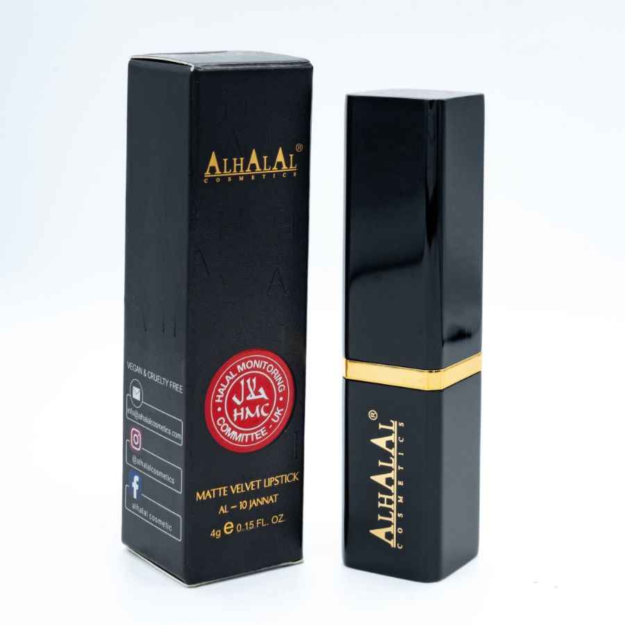 Alhalal Cosmetics sammetsläppstift med matt finish i svart förpackning PURPLE LIPSTICK