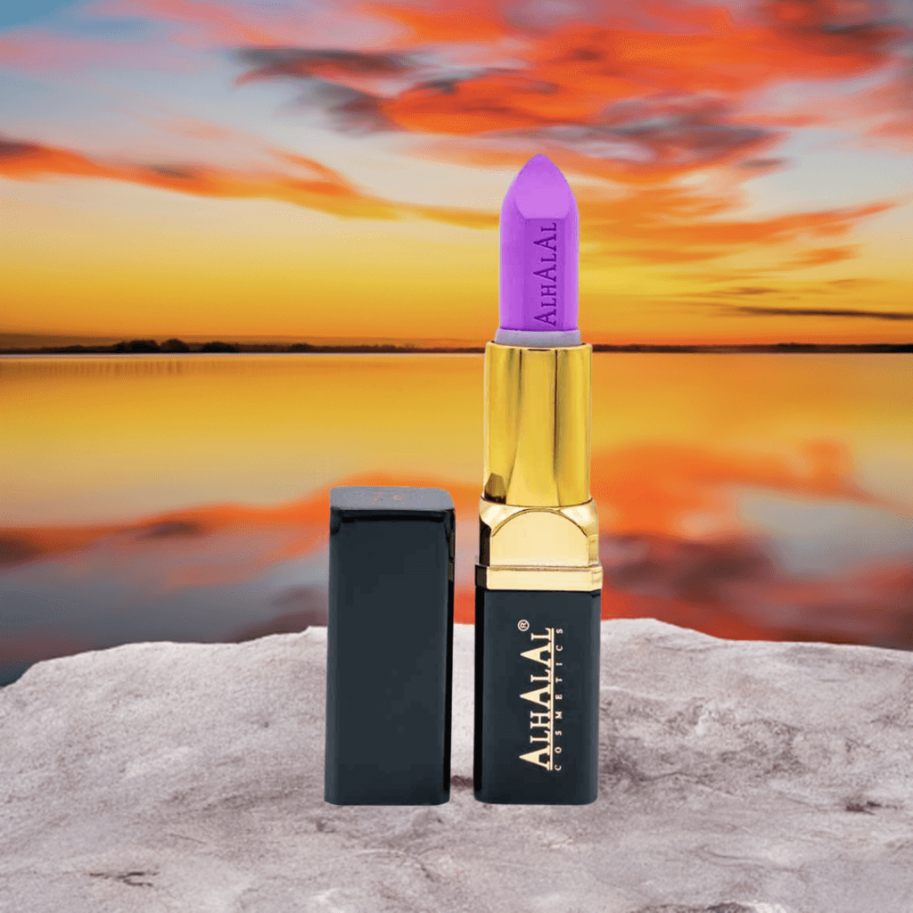 Alhalal cosmetics PARSE LIPSTICK lila sammetsläppstift med gyllene ärm vid solnedgången