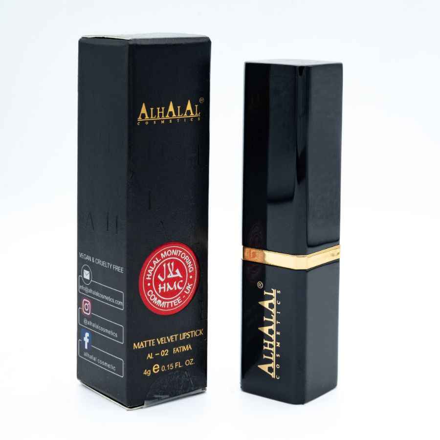 Alhalal Cosmetics svart matt sammetsläppstiftsförpackning med PARSE LIPSTICK-märkning