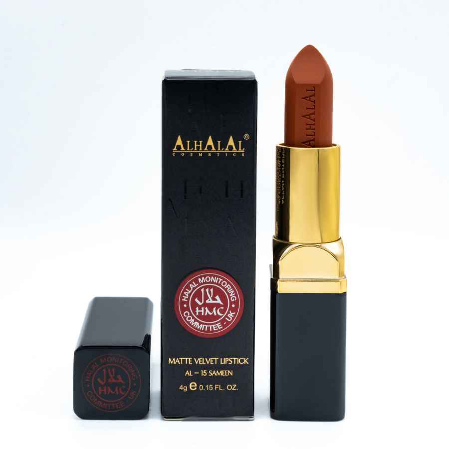 Alhalal Cosmetics matt sammetsläppstift i brun nyans med svart och guldfärgat PEANUT LIPSTICK