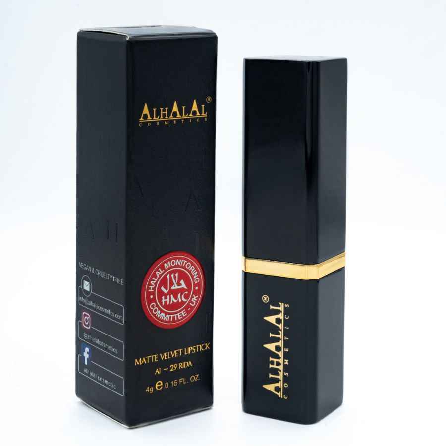 Alhalal Cosmetics sammetsläppstift i lyxig svart förpackning med röd läppstiftsfärg
