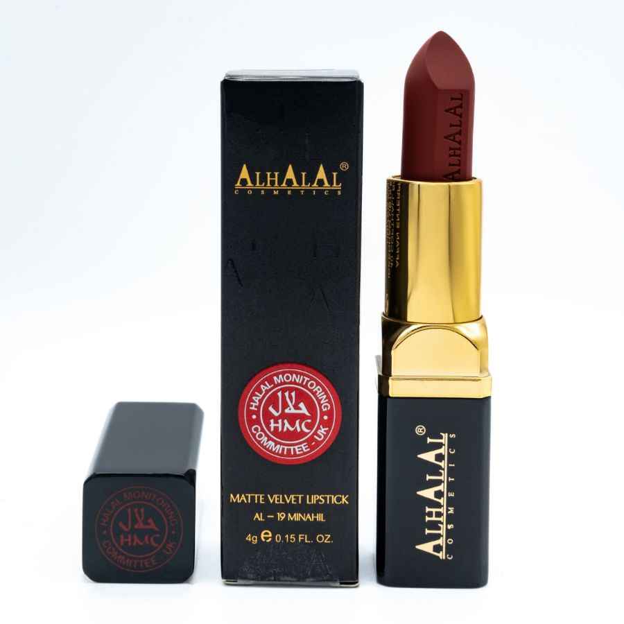 Alhalal Cosmetics matt sammetsrött läppstift i svart och guld förpackning
