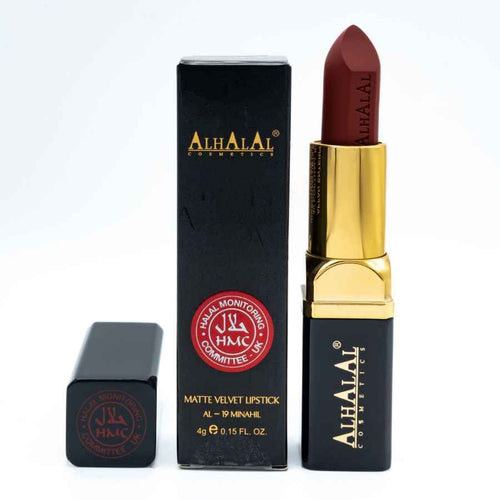 Alhalal Cosmetics matt sammetsrött läppstift i svart och guld förpackning