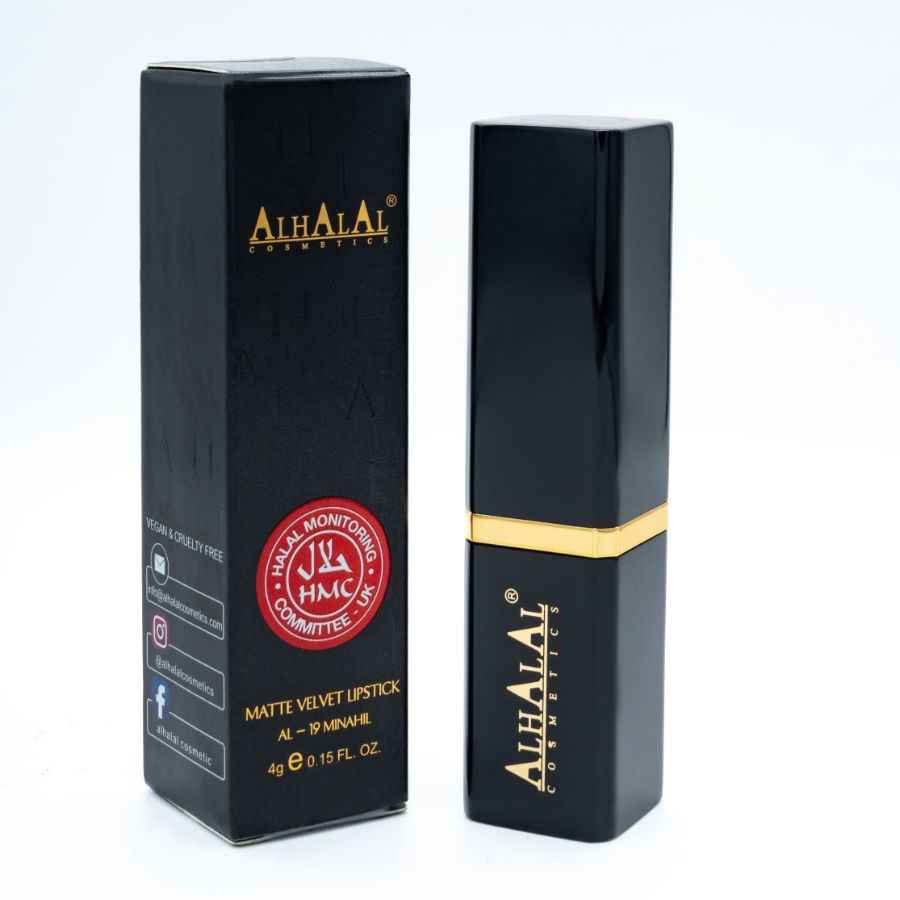 Alhalal Cosmetics Red Lipstick i svart matt sammetsförpackning med gulddetaljer
