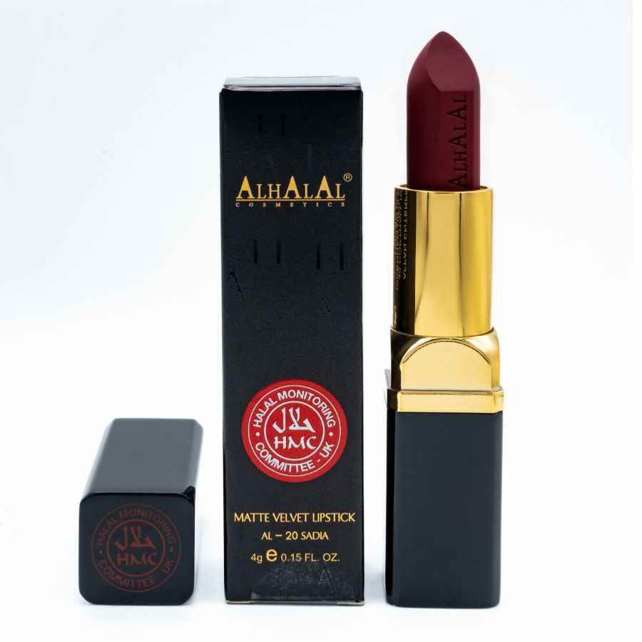 Alhalal Cosmetics matt sammetsläppstift i en djup rödrosa läppstiftsfärg med svart och guld förpackning