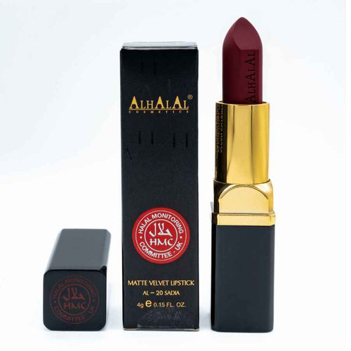 Alhalal Cosmetics matt sammetsläppstift i en djup rödrosa läppstiftsfärg med svart och guld förpackning