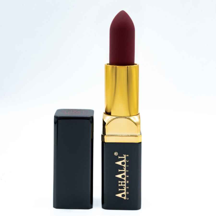 Alhalal Cosmetics sammetsläppstift i en djup nyans med RED PINK LIPSTICK-förpackning