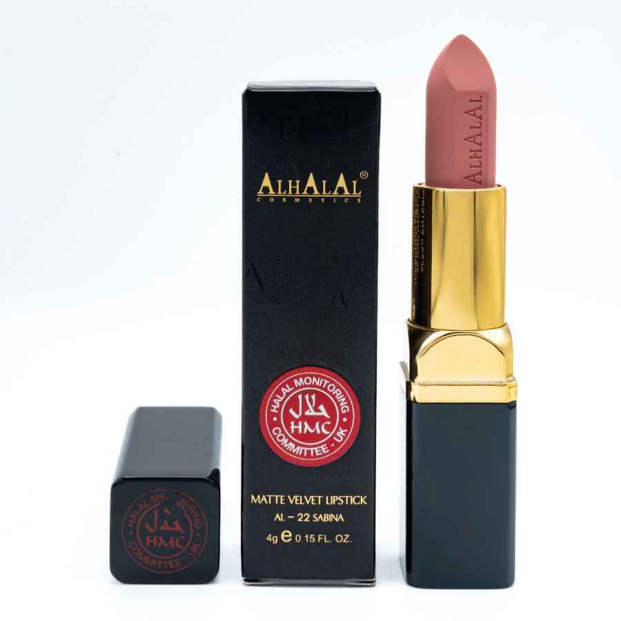 Alhalal Cosmetics matt sammetsläppstift i rosa lipstave-färg med lyxig svart och guld förpackning