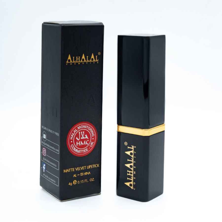 Alhalal cosmetics svart matt sammetsläppstiftsförpackning och sleeve med PINK LIPSTICK