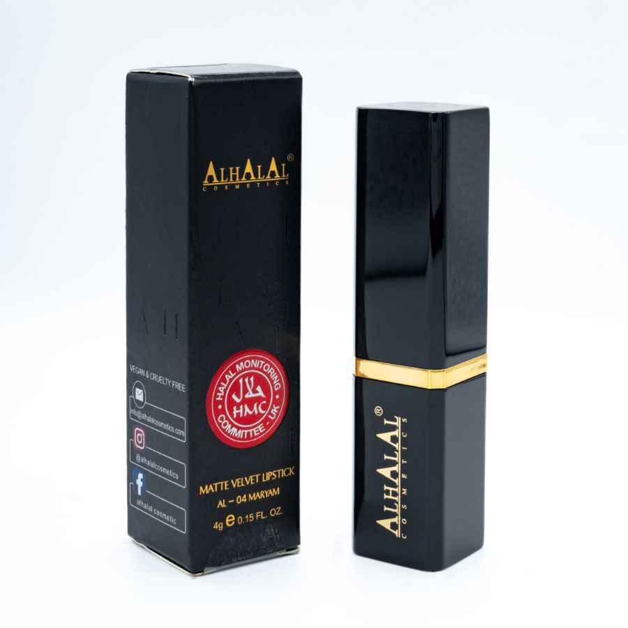 Alhalal Cosmetics matt sammetsrosa läppstift med svart och guld förpackning