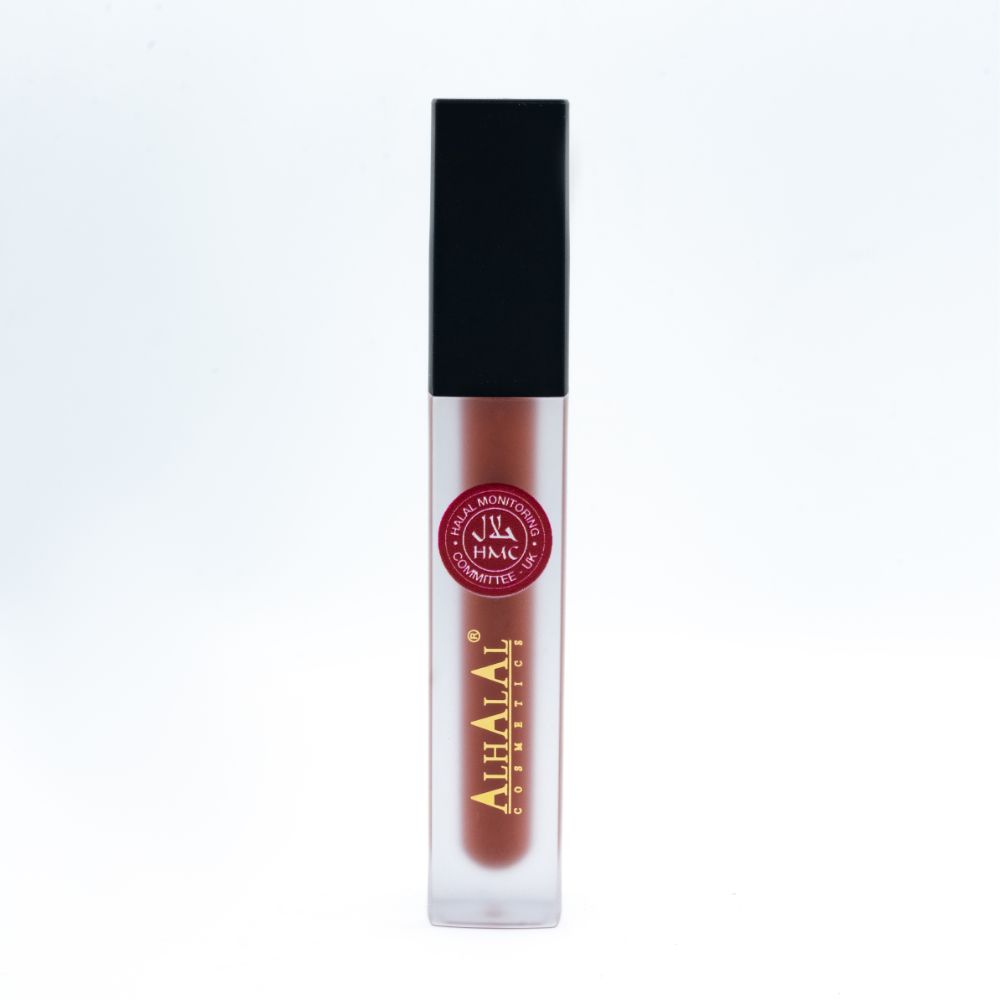 Alhalal Cosmetics flytande läppglans i matt röd färg med svart lock och halal-certifikat