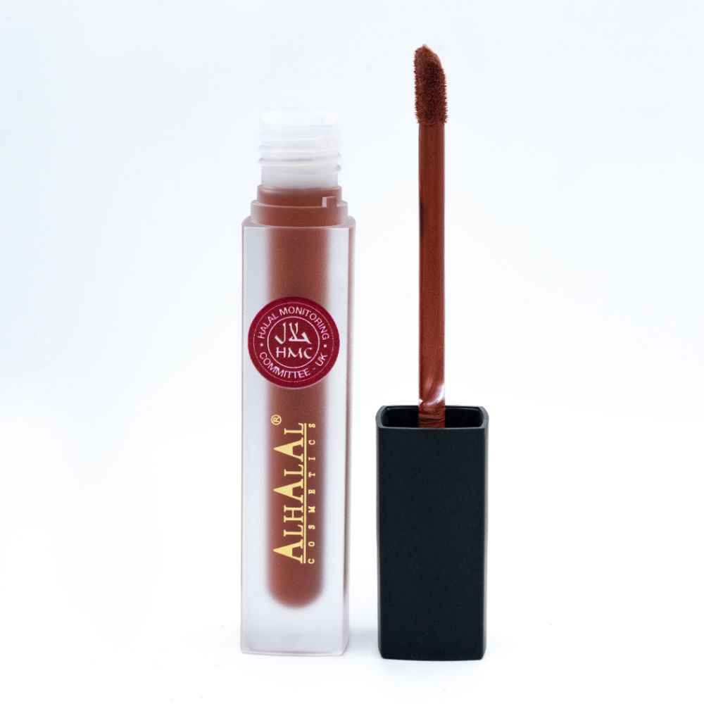 Alhalal Cosmetics flytande läppglans i matt brun nyans med svart kapsylapplikator