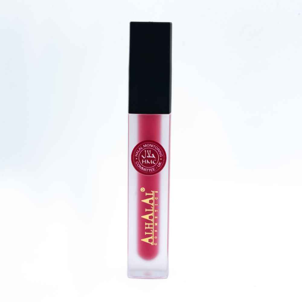 Alhalal Cosmetics flytande läppstift i en matt transparent flaska med svart kork
