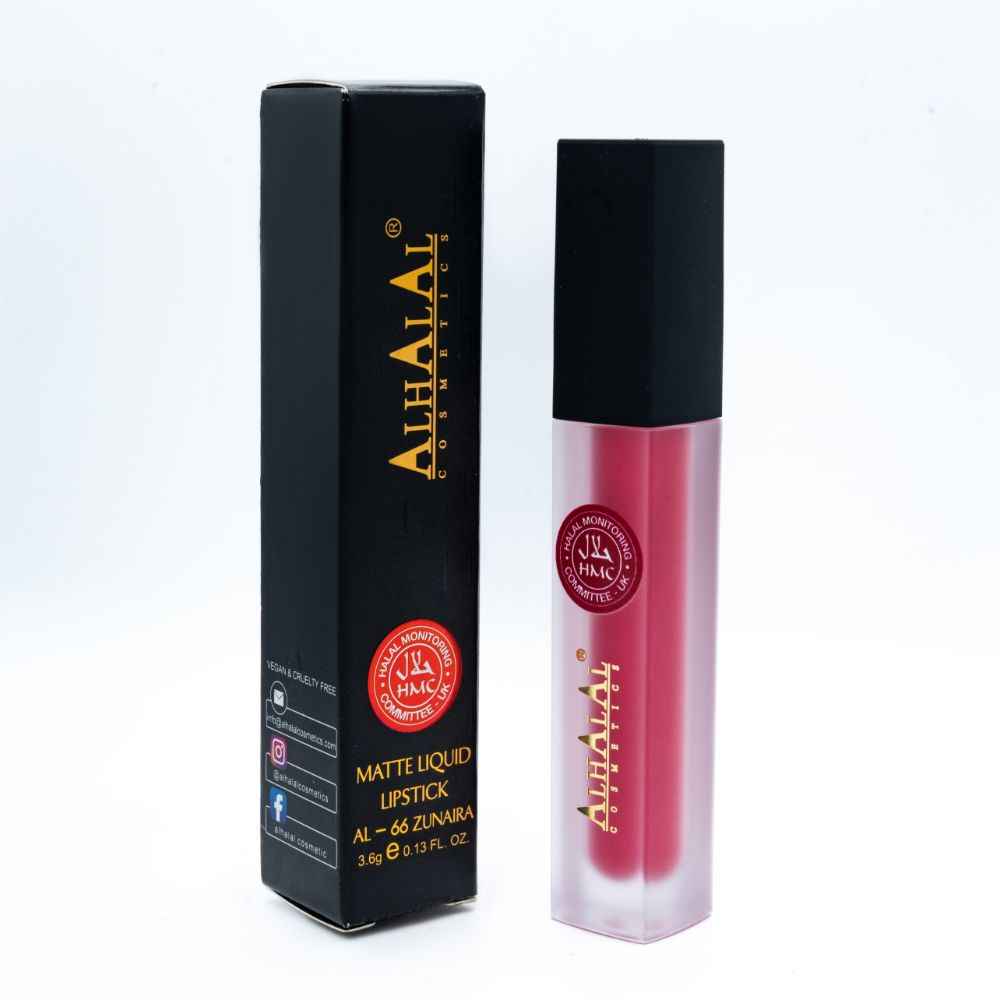 Alhalal cosmetics rosa matt flytande läppstift med svart förpackning och halal-certifikat