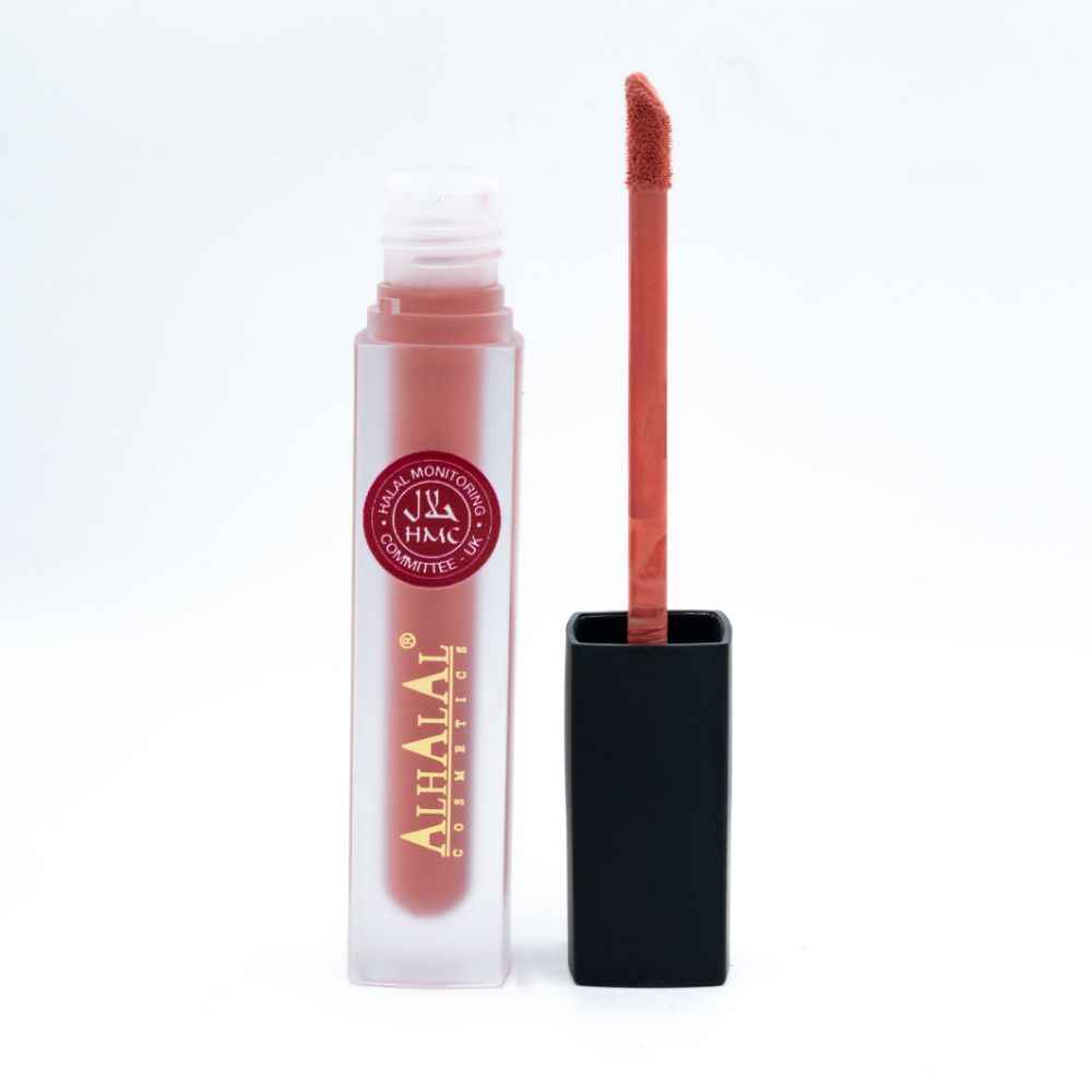 Alhalal Cosmetics flytande läppstift i en matt transparent förpackning med applikator