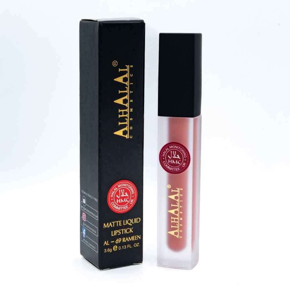 Alhalal Cosmetics flytande läppstift i matt rosa nyans med svart förpackning