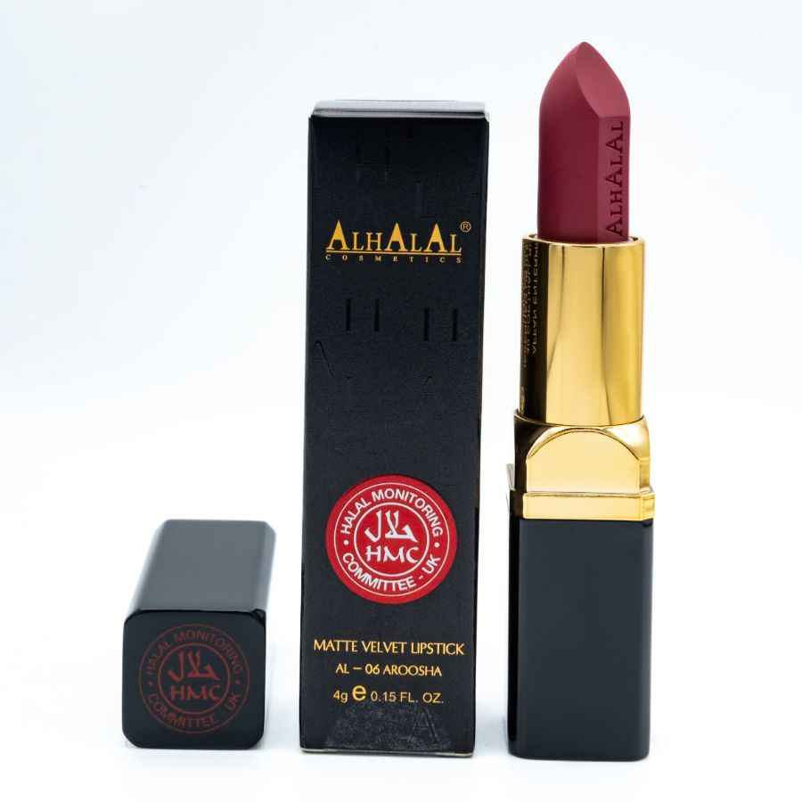 Alhalal Cosmetics matt velvet vin läppsikt i djup röd färg med svart och guld förpackning