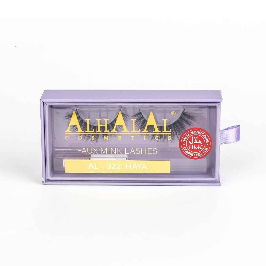 Alhalal cosmetics sammetsläppstiftsförpackning med fokus på ögonfransar och återväxteffekt