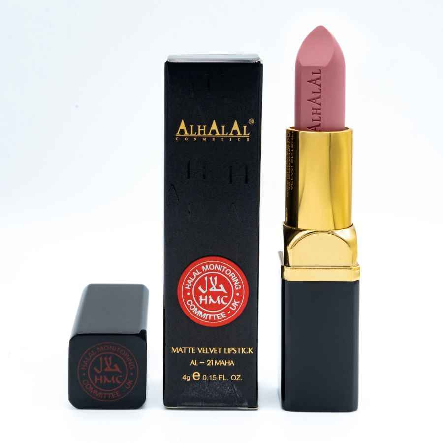 Alhalal Cosmetics mjukt brunt läppstift i sammet, matt finish med guld- och svarta ärmar